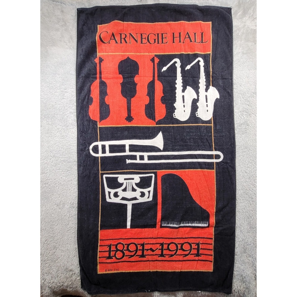 Carnegie Hall Centennial Beach Towel Black Red Music Instruments 31x59‎